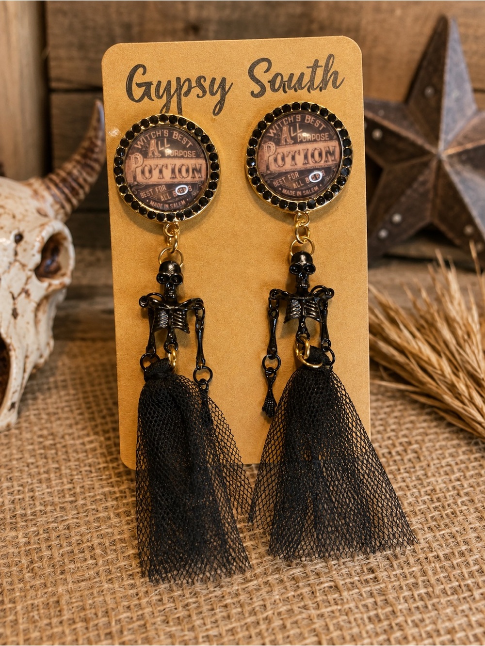 Gypsy South Black Skeleton Tassel Drop Earrings